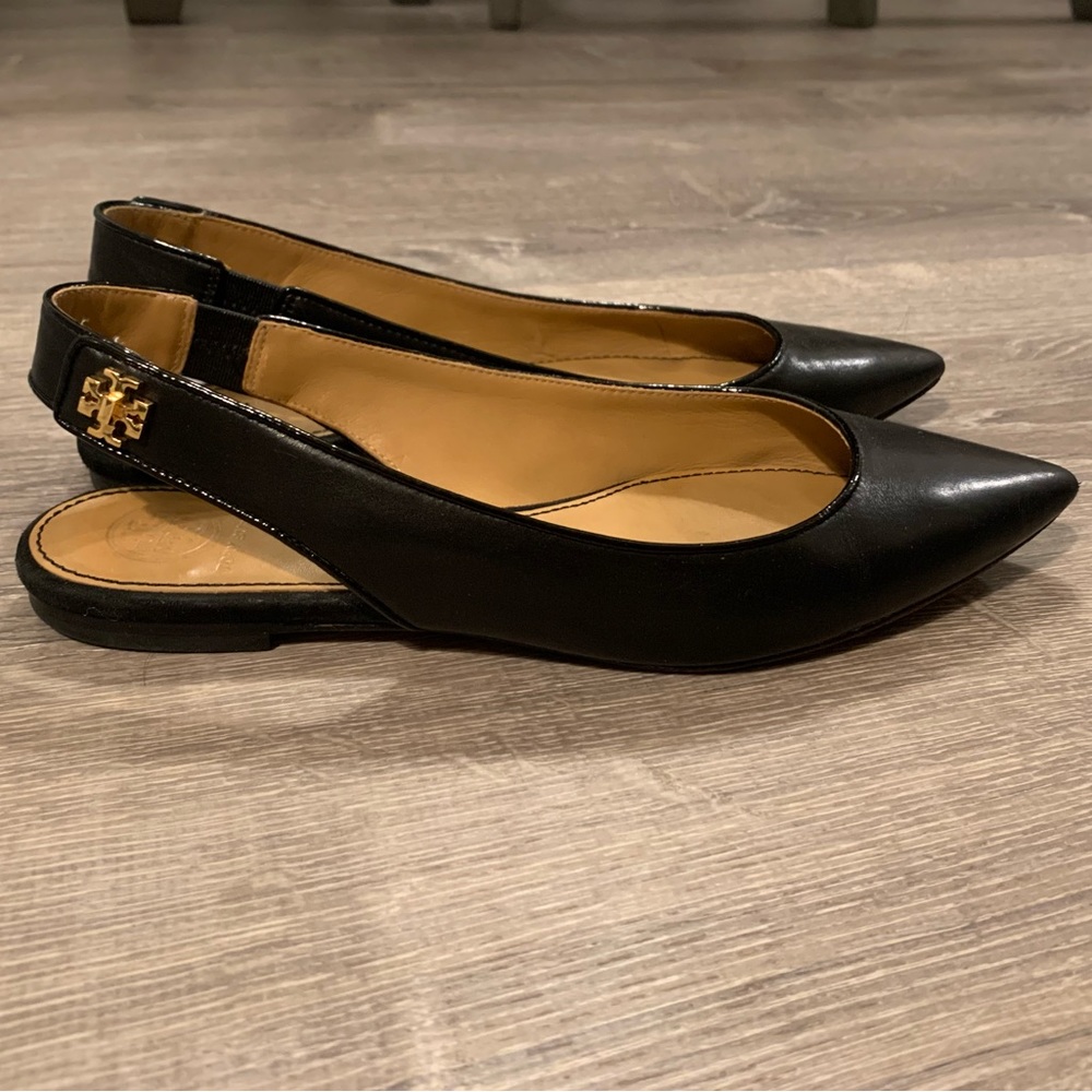 Tory Burch Black Leather Kira Pointed Toe
Slingback Flats